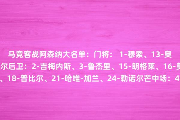 马竞客战阿森纳大名单：　　门将： 1-穆索、13-奥布拉克、31-埃斯基维尔　　后卫：2-吉梅内斯、3-鲁杰里、15-朗格莱、16-莫利纳、17-汉茨科、18-普比尔、21-哈维-加兰、24-勒诺尔芒　　中场：4-加拉格尔、6-科克、8-巴里奥斯、10-巴埃纳、12-卡洛斯-马丁、14-马科斯-略伦特　　时尚：7-格列兹曼、9-瑟尔洛特、11-阿尔马达、19-阿尔瓦雷斯、20-朱利亚诺-西蒙尼、22-拉斯帕多里、23-尼古拉斯-冈萨雷斯世界买球网体育信息